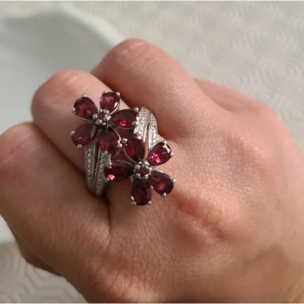 Vintage Boho Evening Sterling Silver Red Crystal Flower Cocktail Ring 7 - Picture 3 of 11